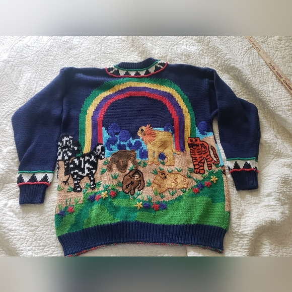 Vintage IsKnitCute! Hand Knit Noah’s Ark Sweater Embroidered Size 2 = Large - Picture 2 of 5